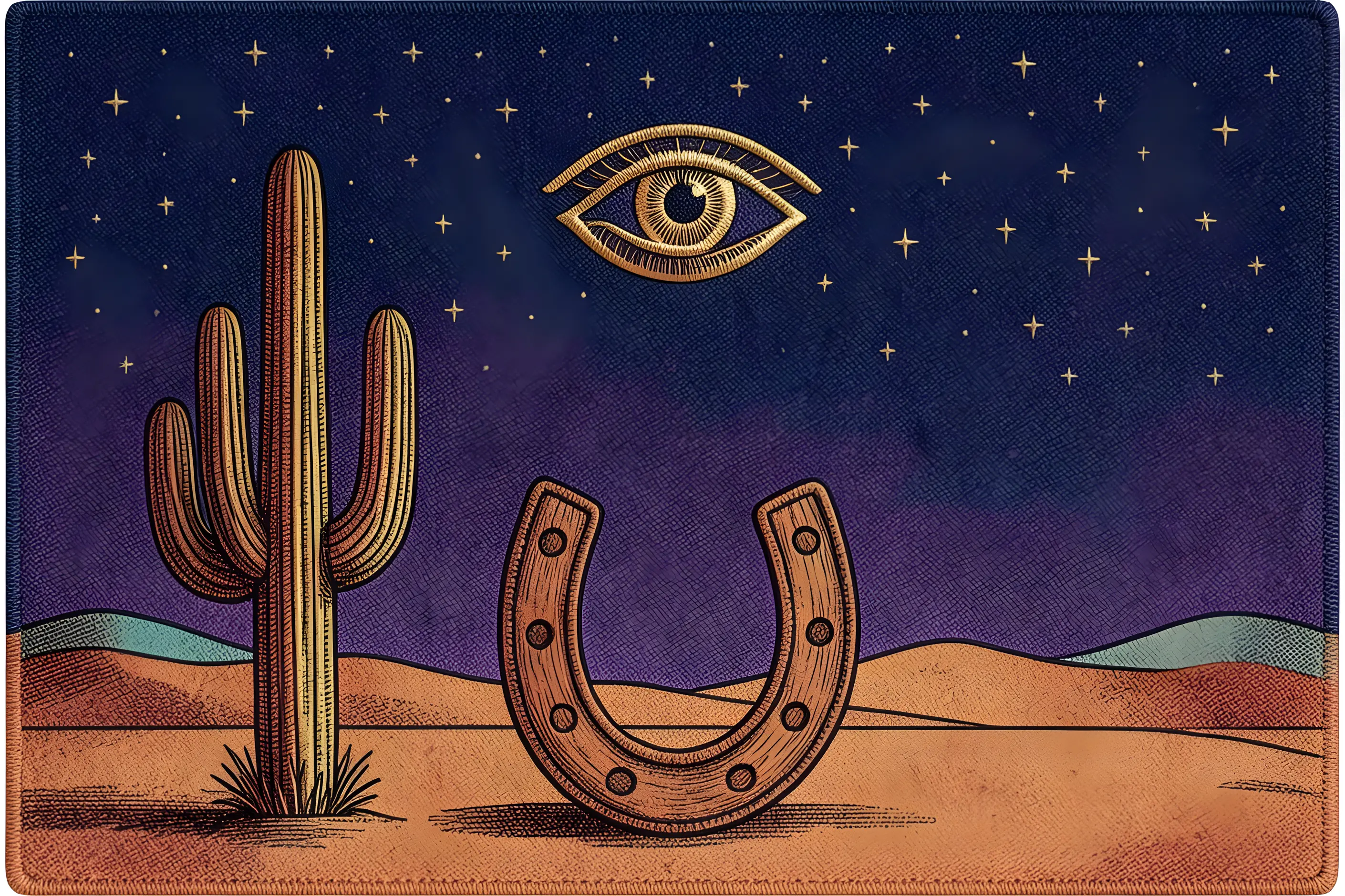 Embroidered patch showing a saguaro and horseshoe under a starry cosmic sky with a gold eye