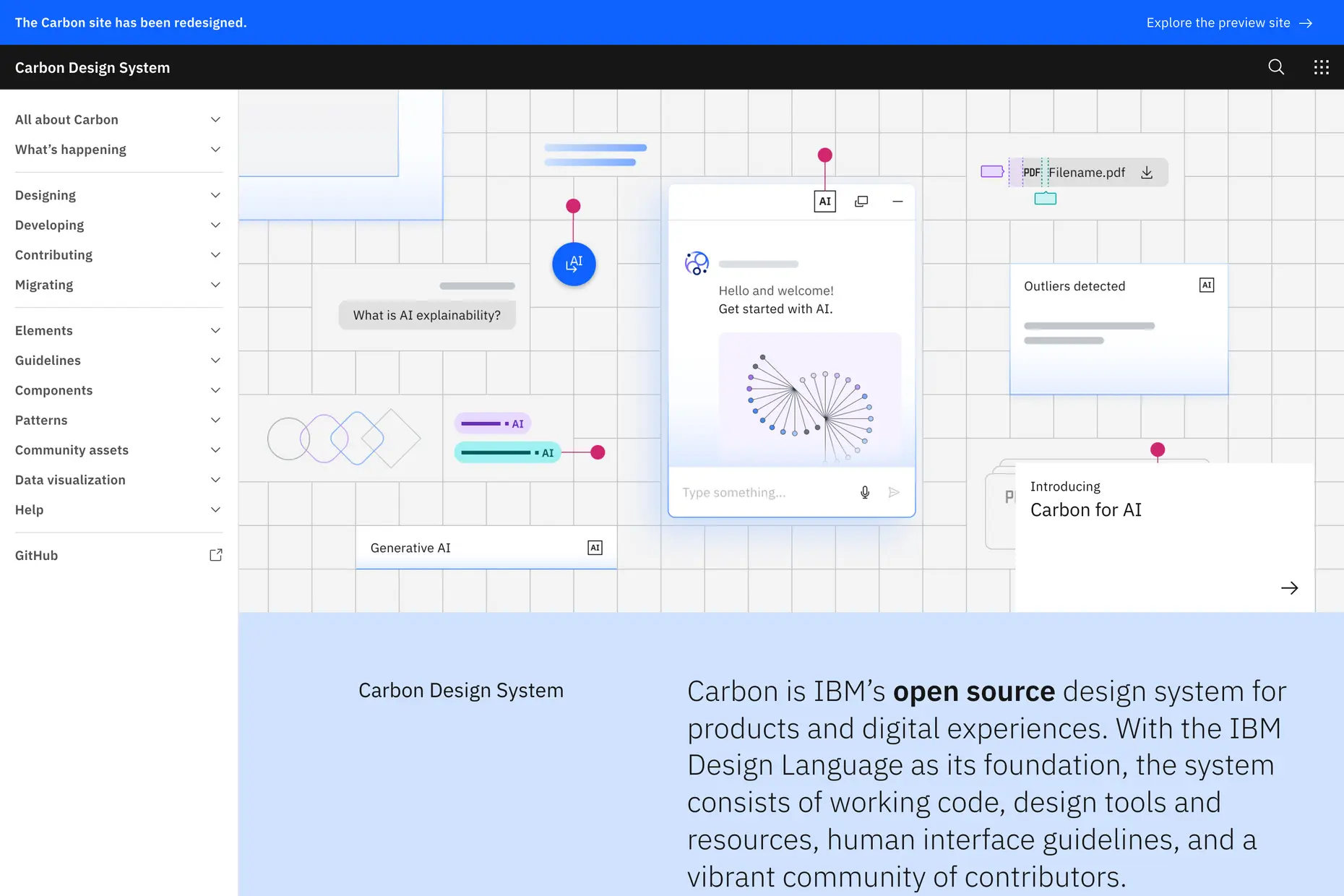 Carbon Design System homepage describing it as IBM's open source design system