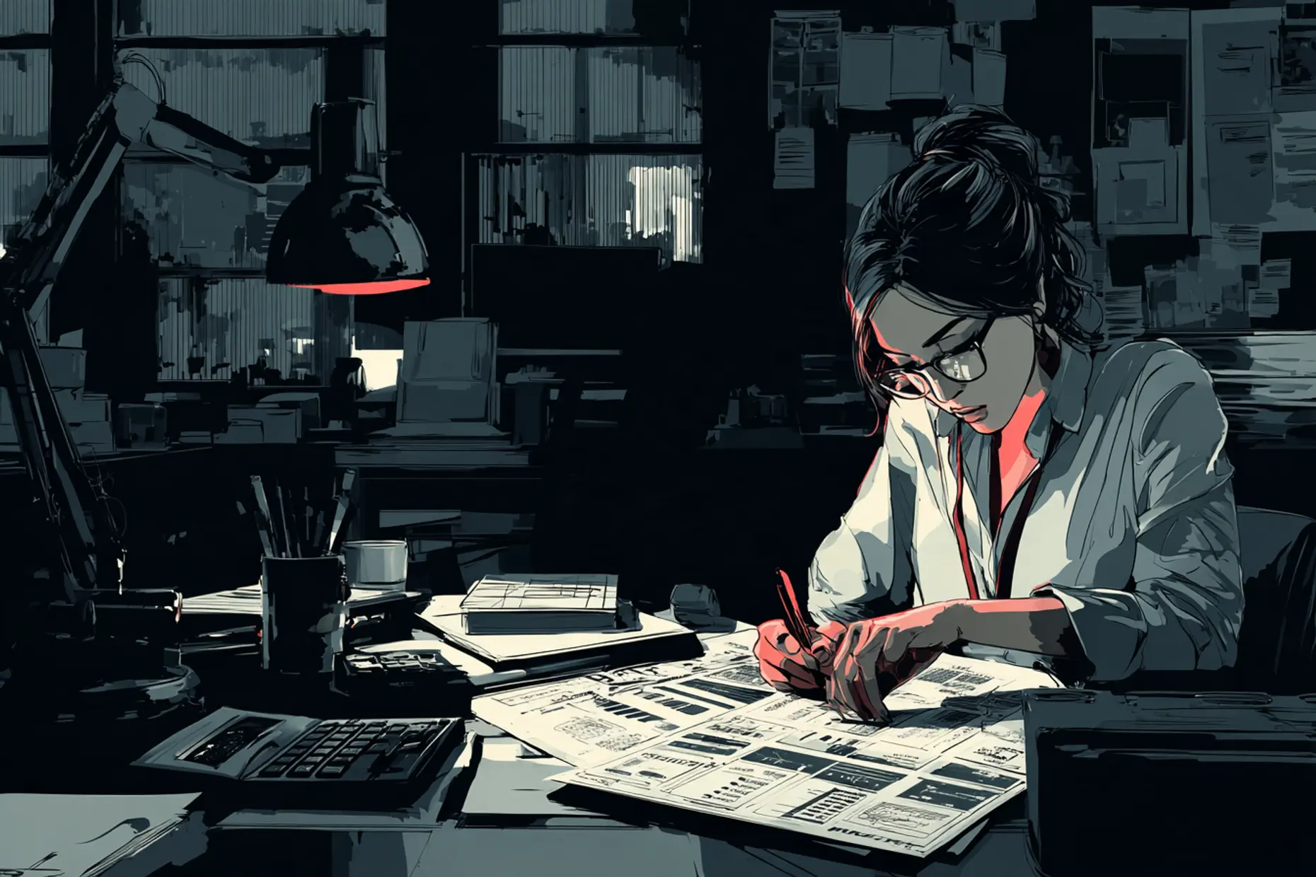 A finance director at a desk lamp striking through a printed dashboard figure with a pen