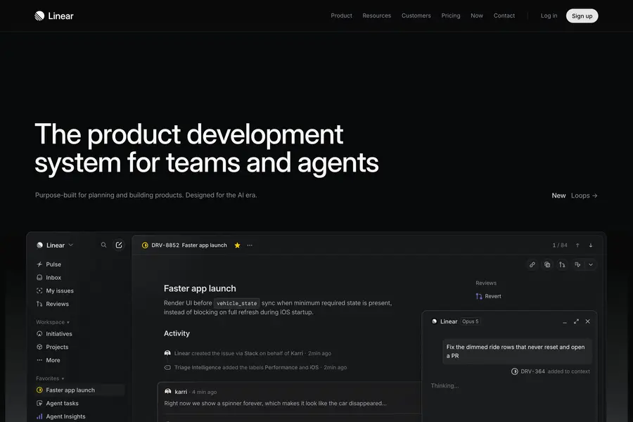Linear's homepage showing its app with sidebar navigation, an issue view, activity feed and a floating panel
