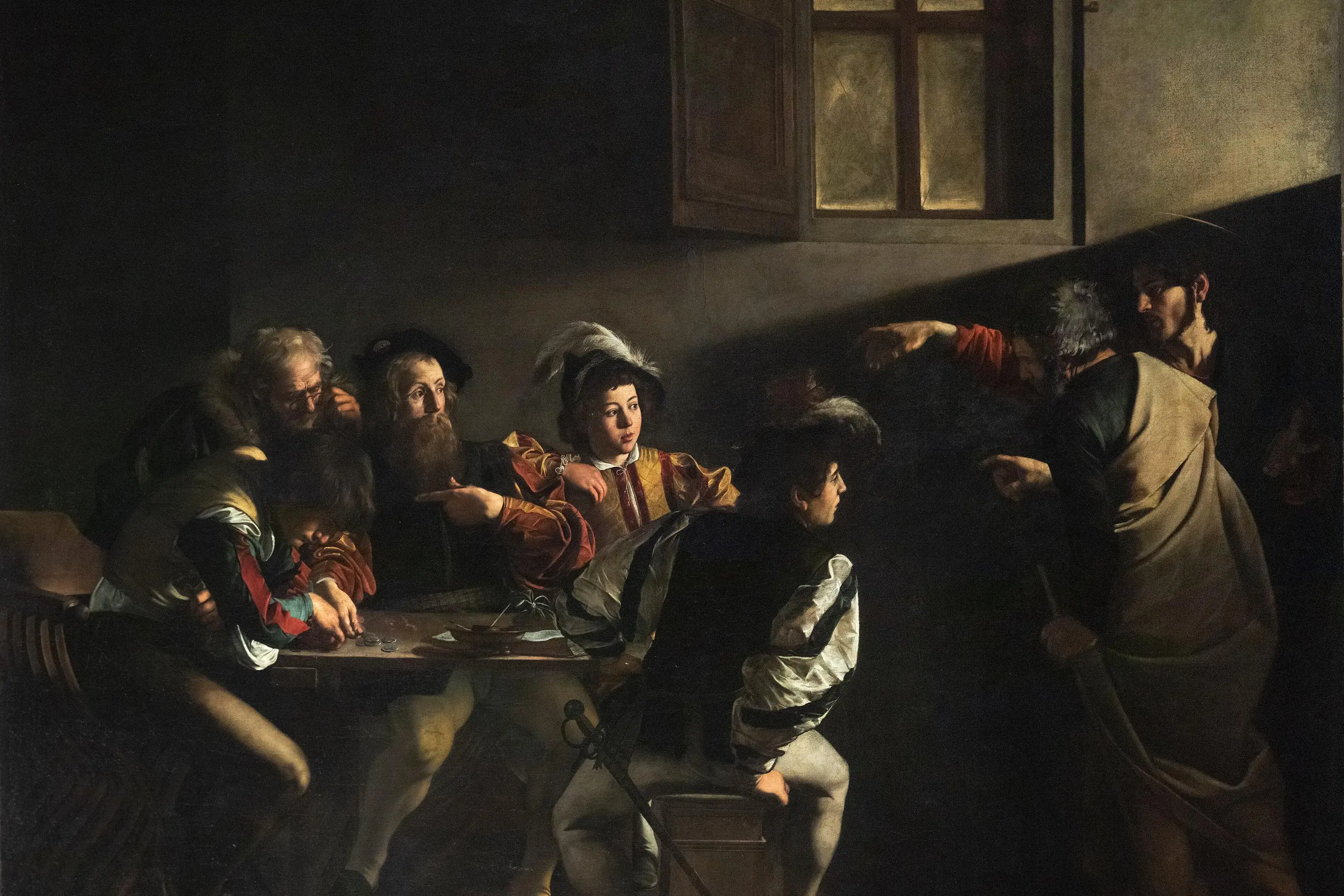 Painting of men at a table with a single beam of light revealing a figure being called