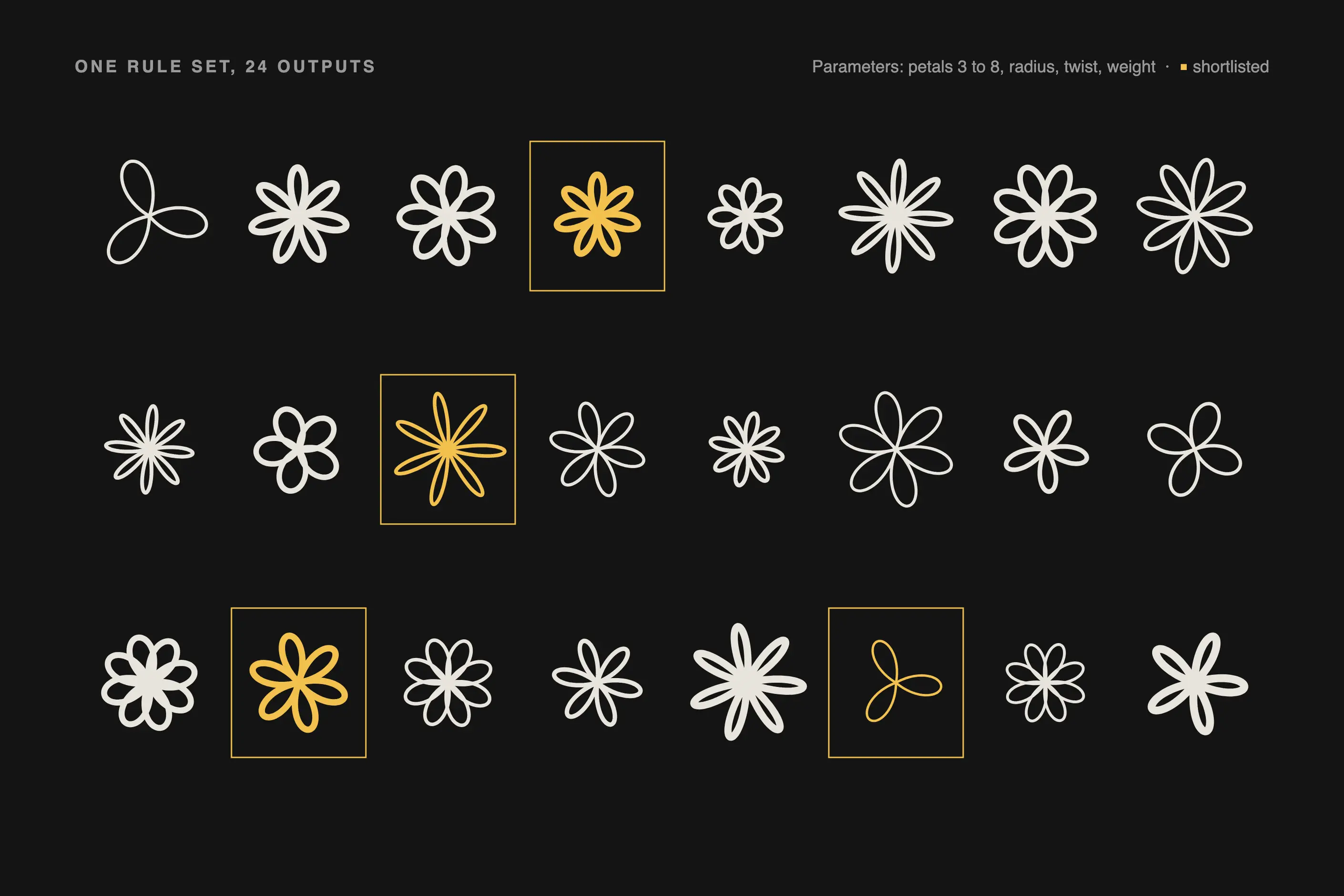 Twenty-four petal marks drawn by one rule set, varying petal count, size, twist and weight, four outlined in yellow
