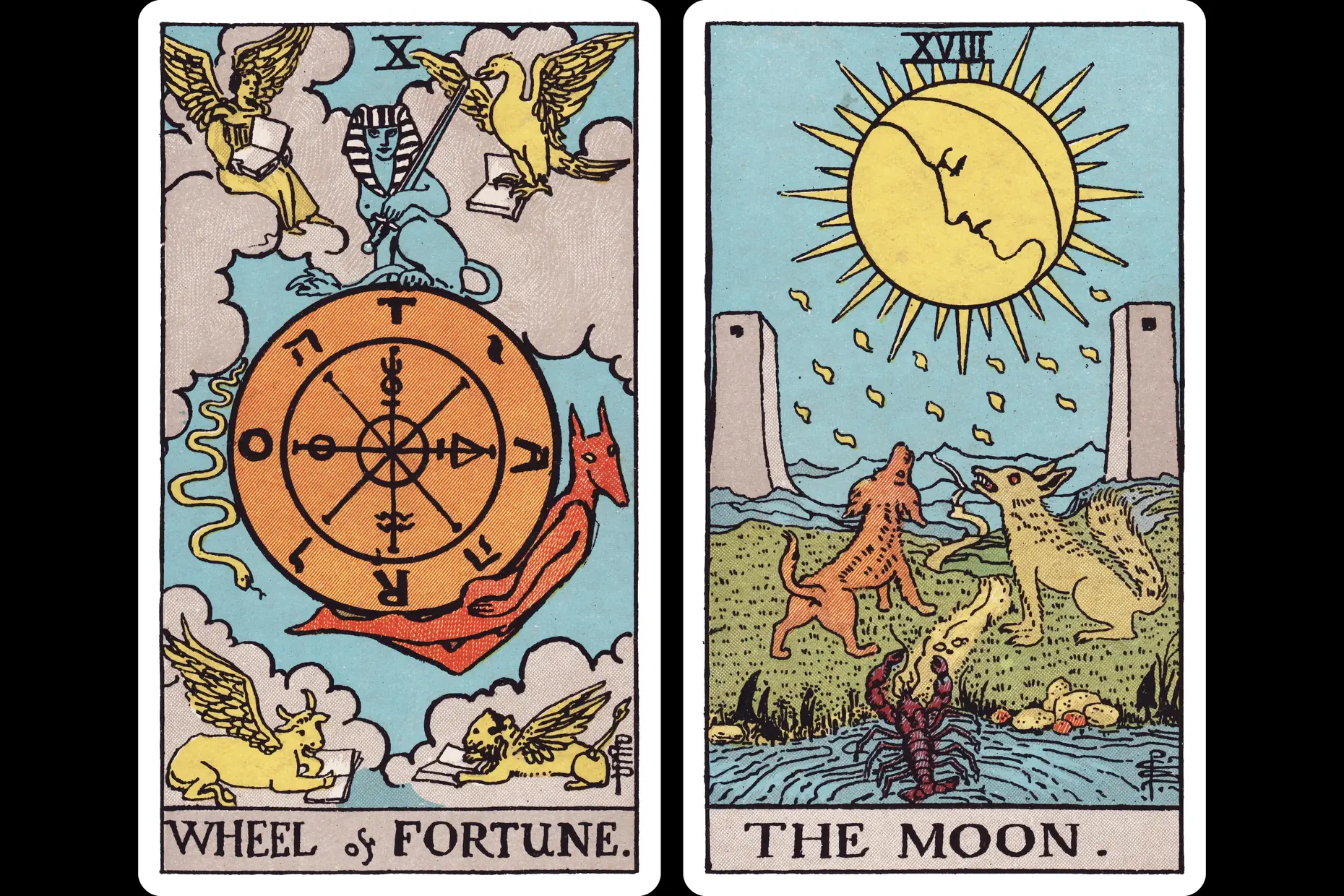 The Wheel of Fortune tarot card beside The Moon tarot card, each with celestial imagery and titles
