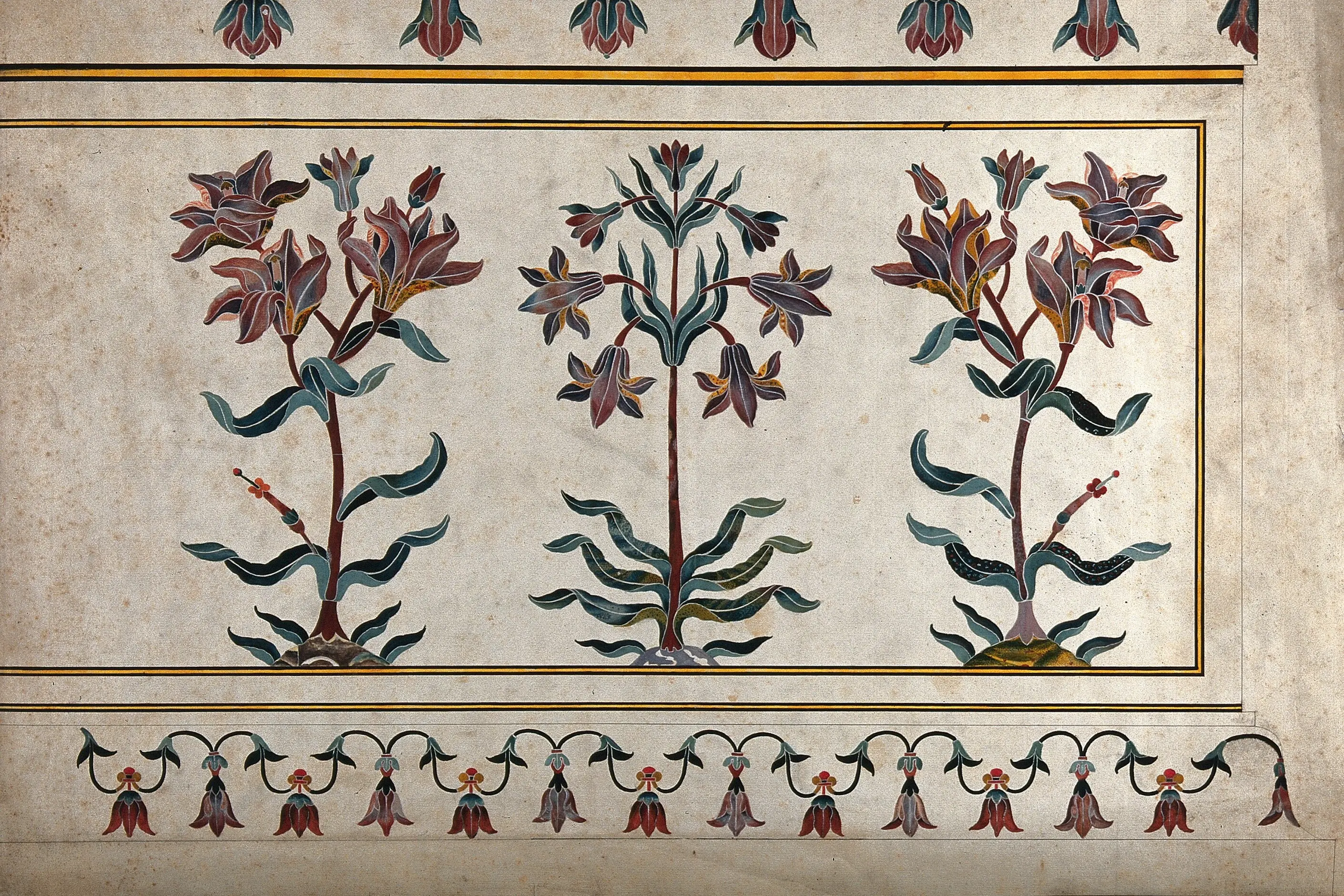 Painted marble floral inlay panel from the Taj Mahal, three lily sprays in a border