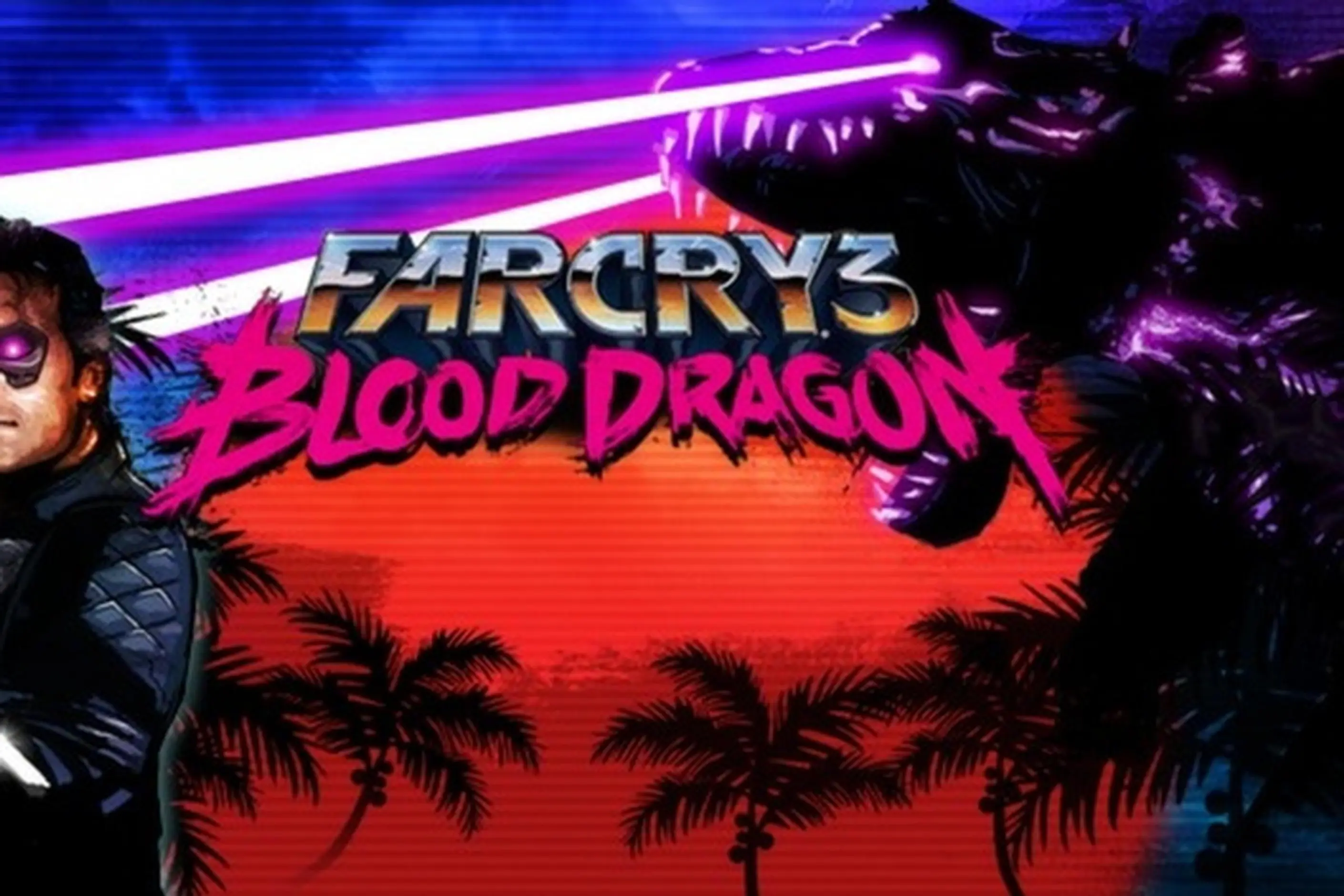 Far Cry 3 Blood Dragon key art with pink chrome lettering, a laser beam and palm silhouettes