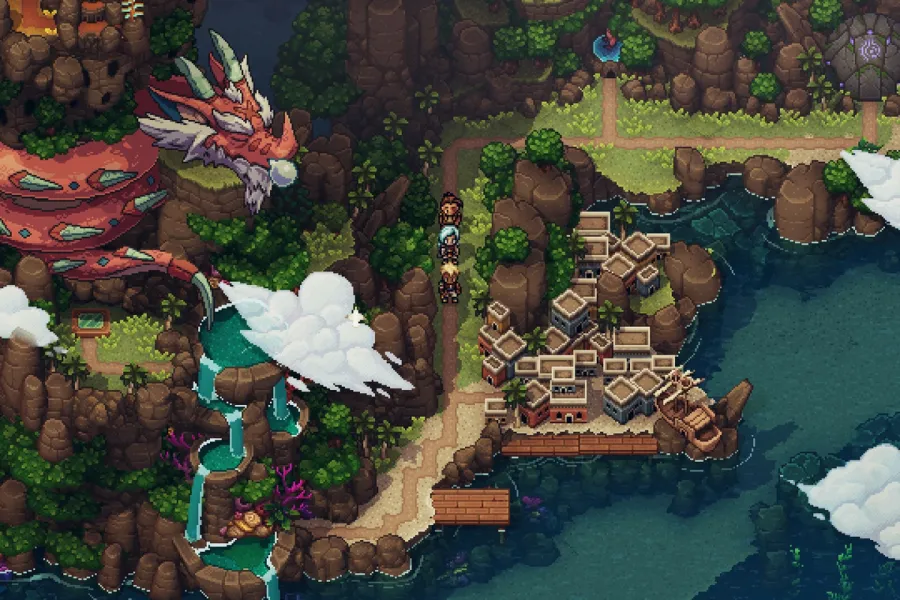 A pixel art overworld of cliffs, waterfalls and a red dragon coiled above a village of wooden rooftops