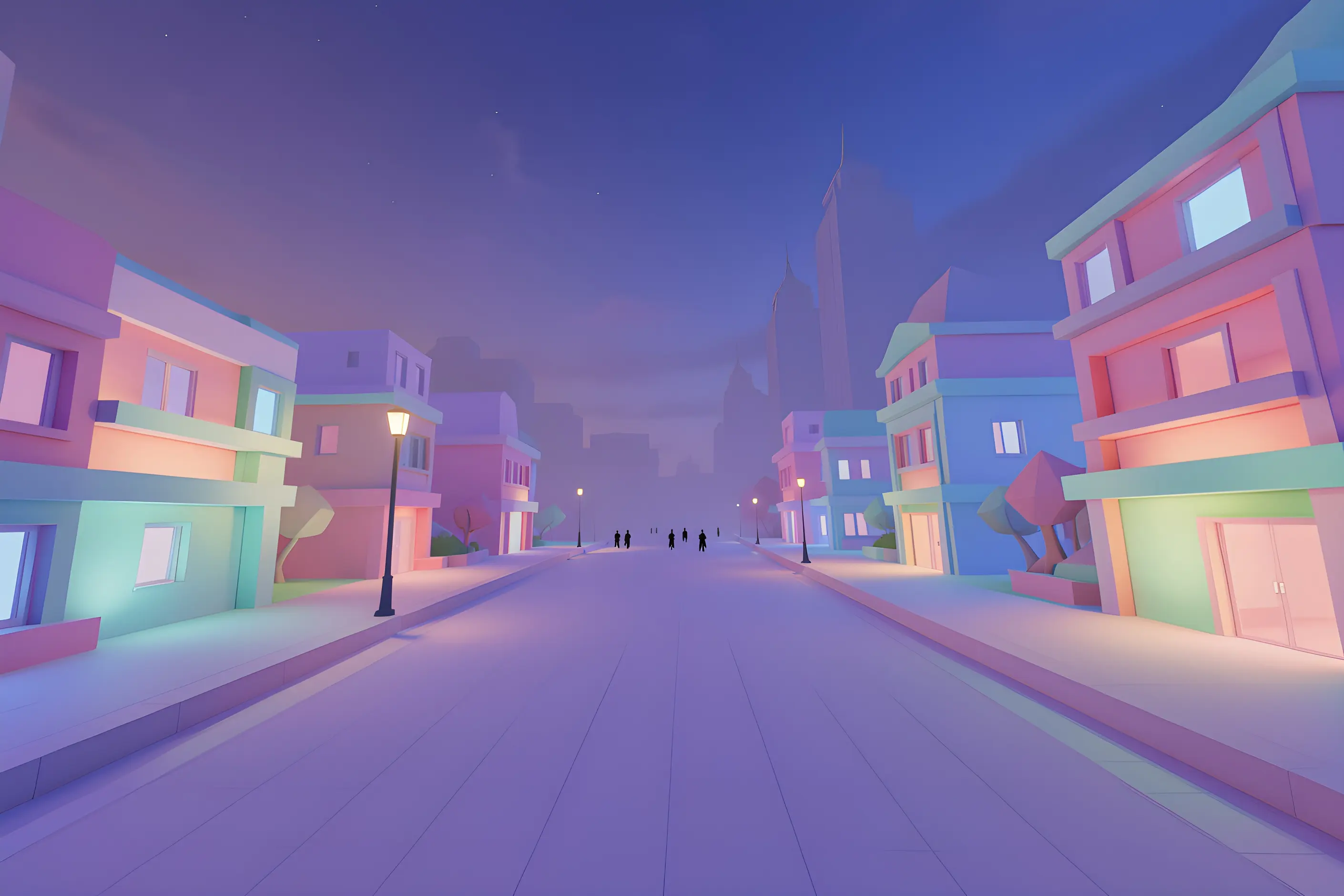 Wide street of pastel low poly virtual buildings at dusk with tiny distant avatars