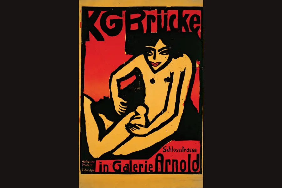 A woodcut exhibition poster in orange, red and black: a crouching figure in raw carved lines under the words KG Brücke