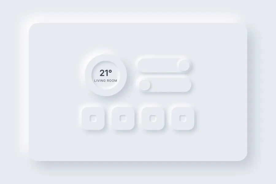 A smart home control panel styled with soft dual-shadow neumorphic buttons and dials