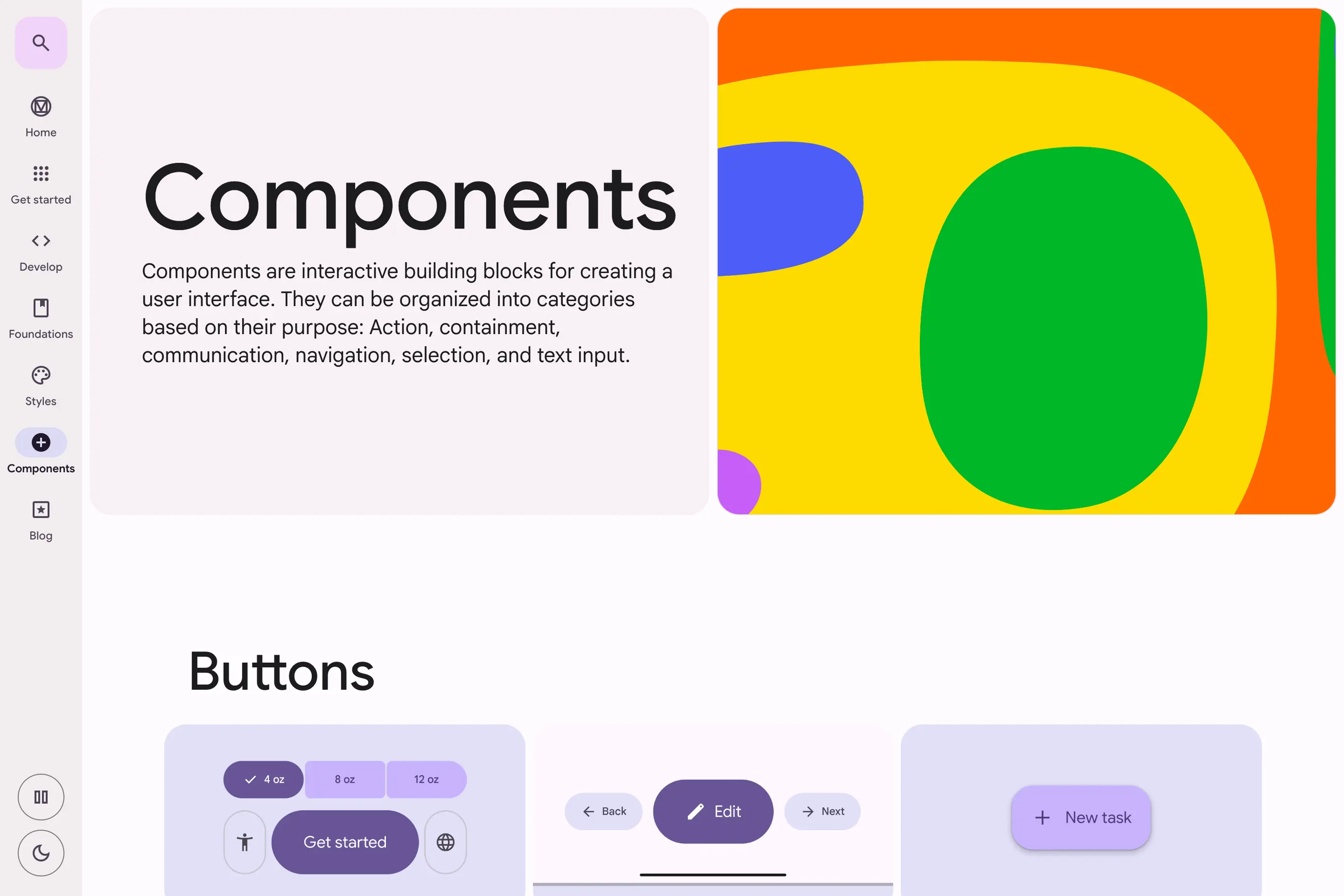 Material Design components page listing buttons categorised by action and containment type