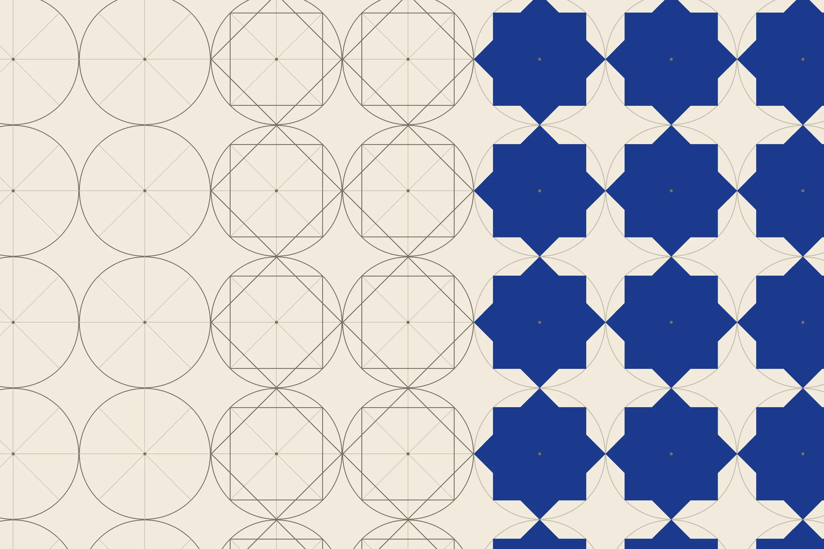 Compass construction of an eight-fold star, circles divided into overlapping squares that tessellate as star and cross