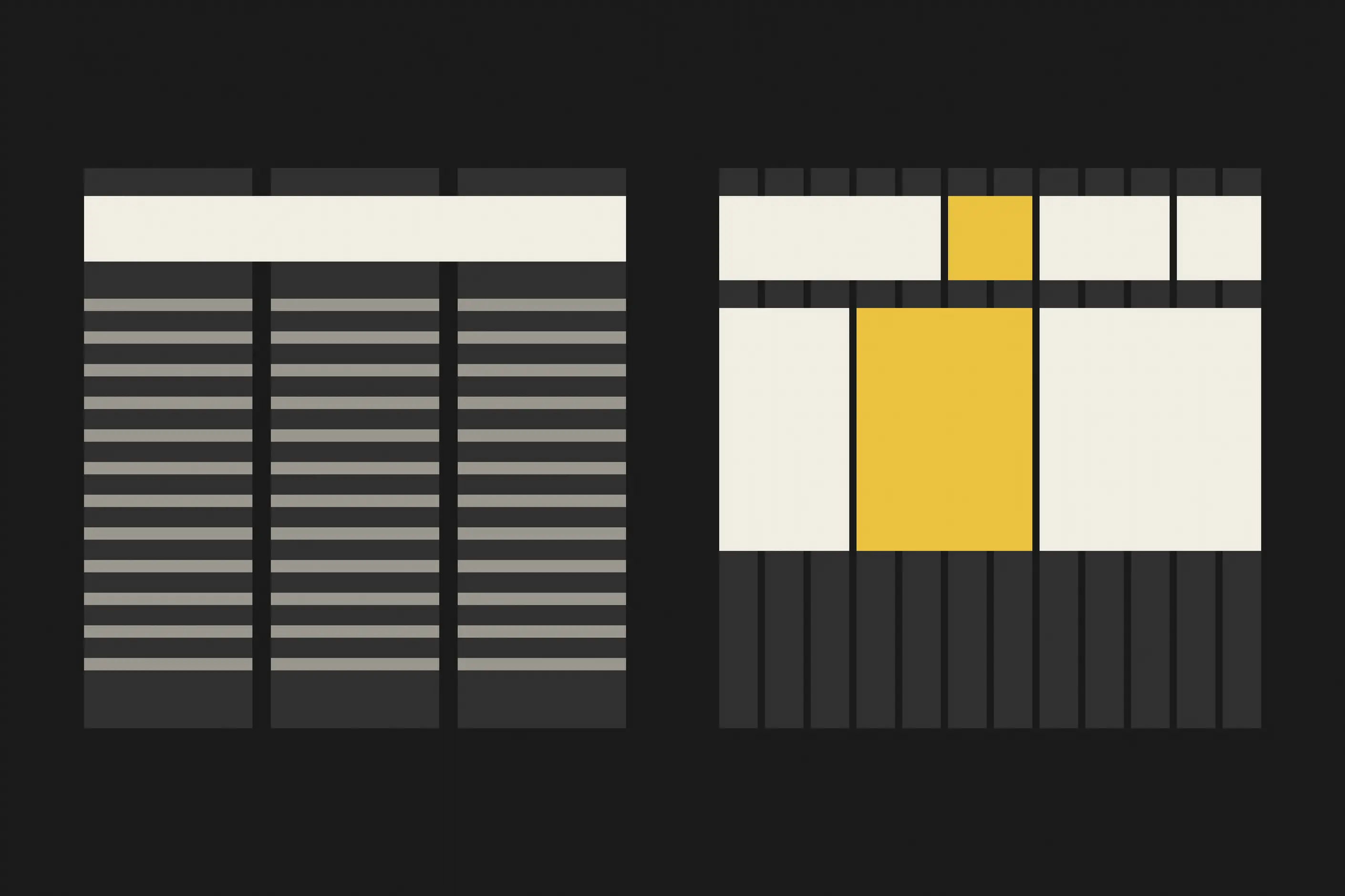 Two layouts side by side: a text page on three columns, and a mixed layout using the flexibility of twelve
