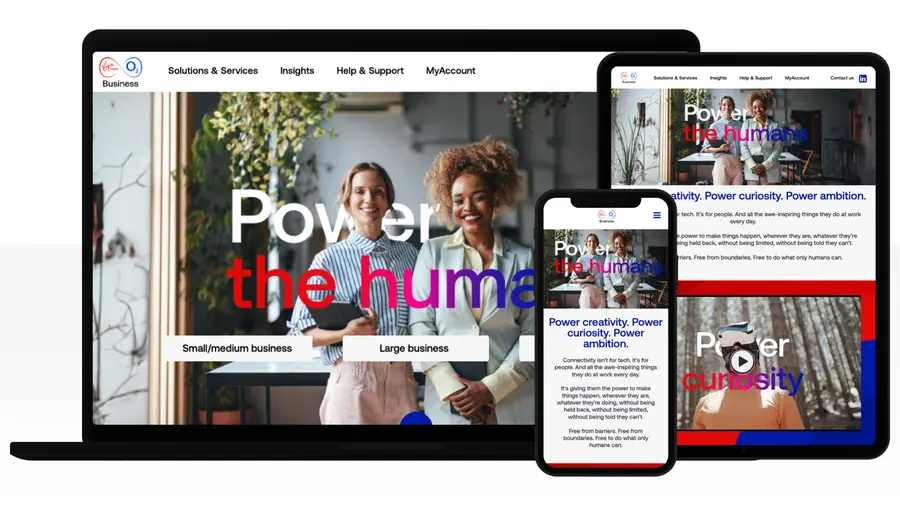 Virgin Media O2 Business pages on a laptop, tablet and phone: Virgin Media and O2 have joined forces, supercharging businesses across the UK.