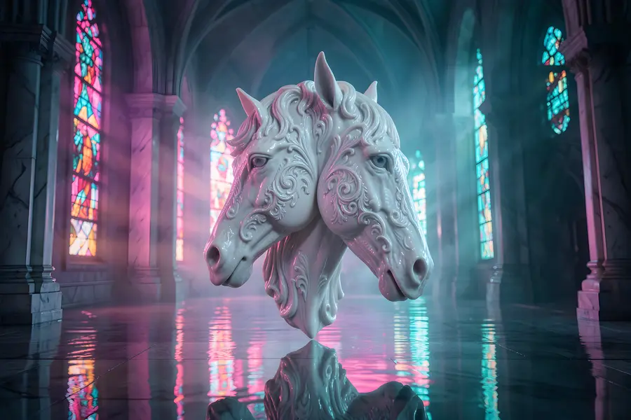 A glossy white filigree horse bust with two merged heads, floating in a flooded cathedral lit pink and teal
