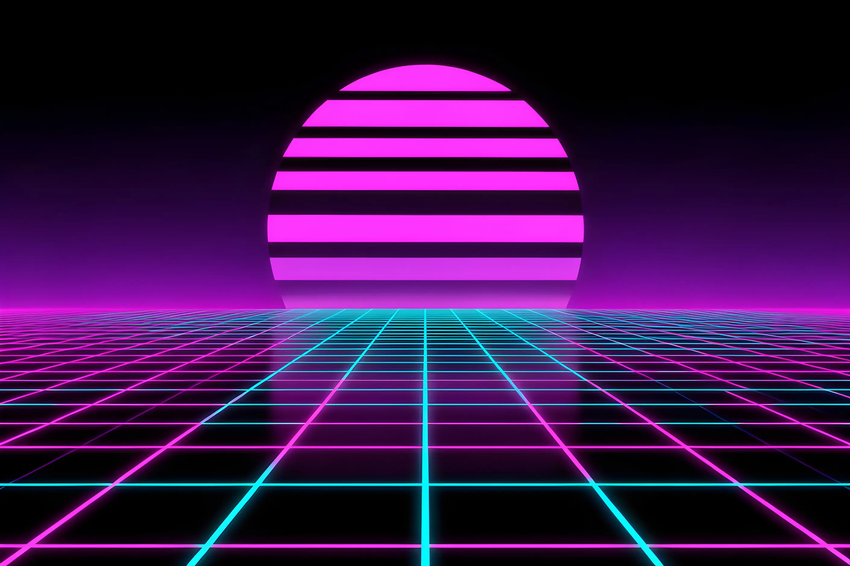 Glowing pink striped sun on the horizon above a cyan and magenta perspective grid