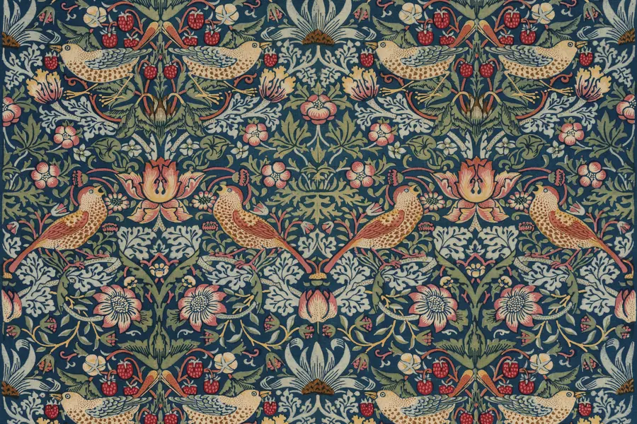 William Morris's Strawberry Thief: thrushes, strawberries and flowers in a mirrored indigo-discharged print