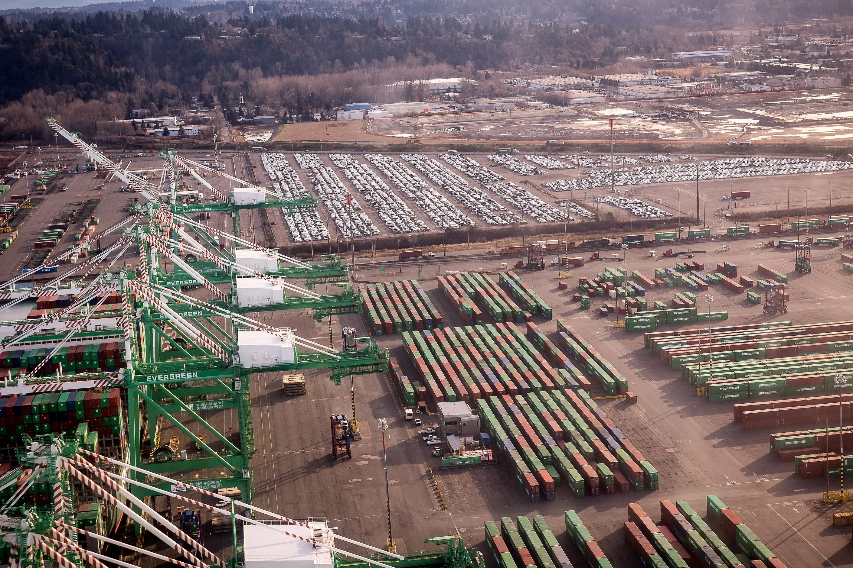 Aerial view of a container port, rows of stacked shipping containers and green cranes