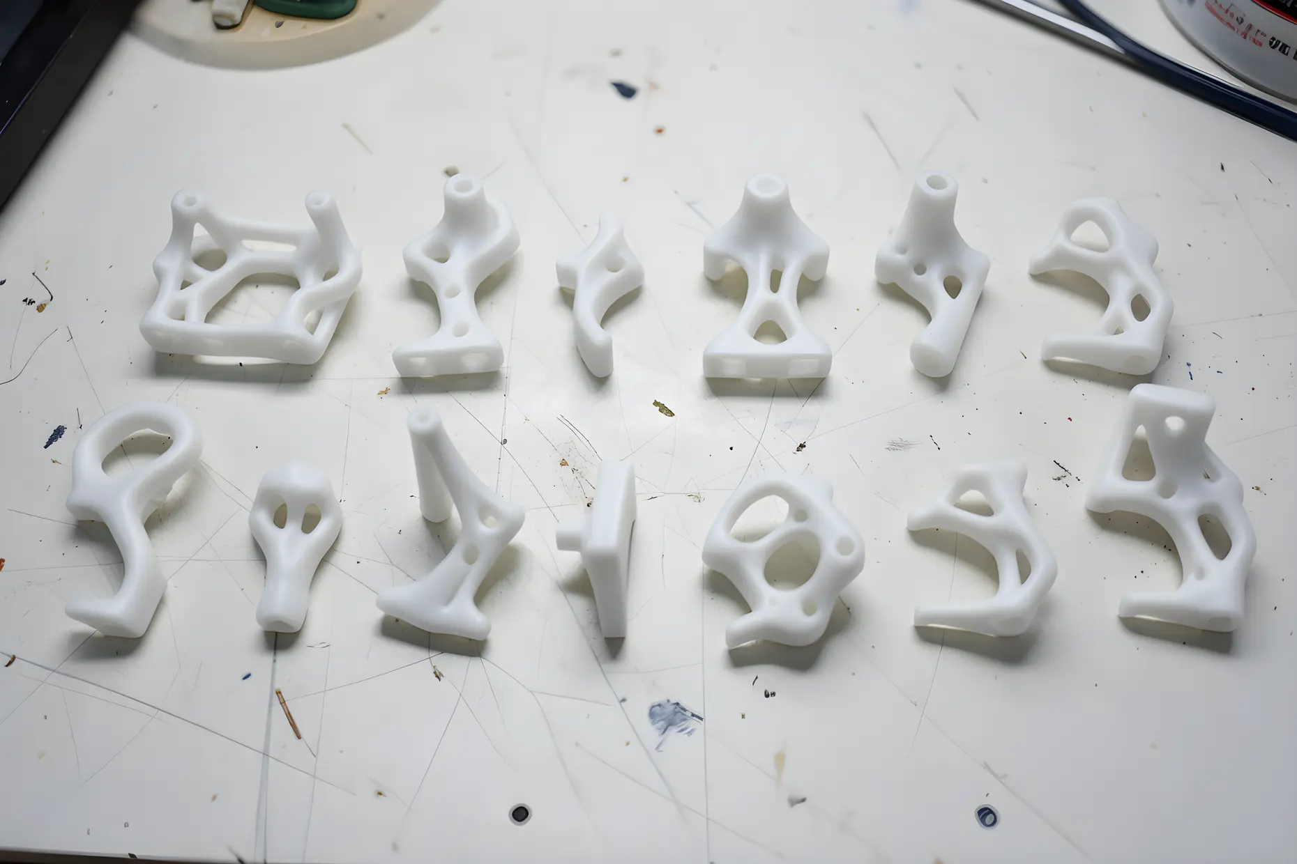 Twelve white 3D printed prototype brackets laid out in two rows on a workbench, each a different variant