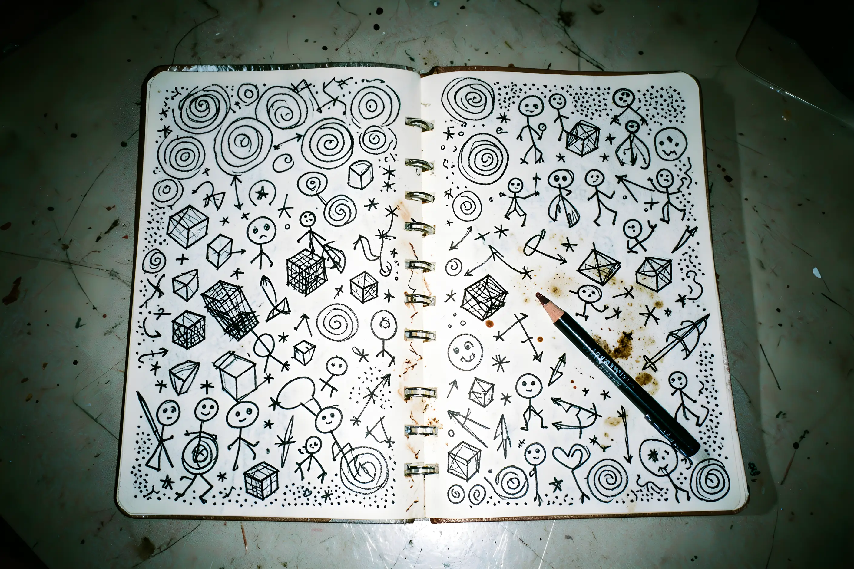 An open spiral notebook under flash, both pages crowded with biro spirals, cubes, stick figures, stars and stippling, a pen across it