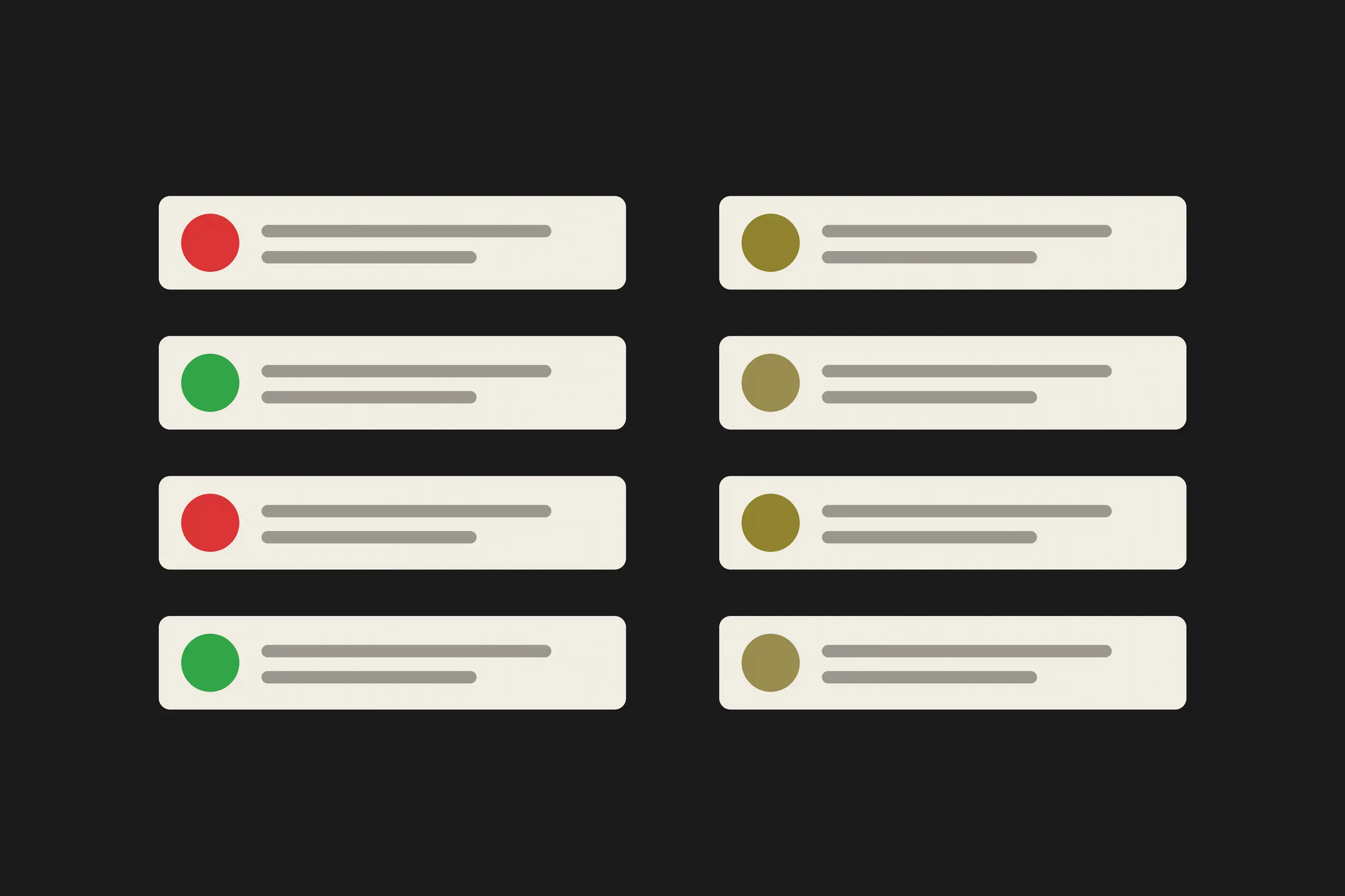 Four red and green status rows shown twice: as designed, and as seen with deuteranopia, where both turn olive