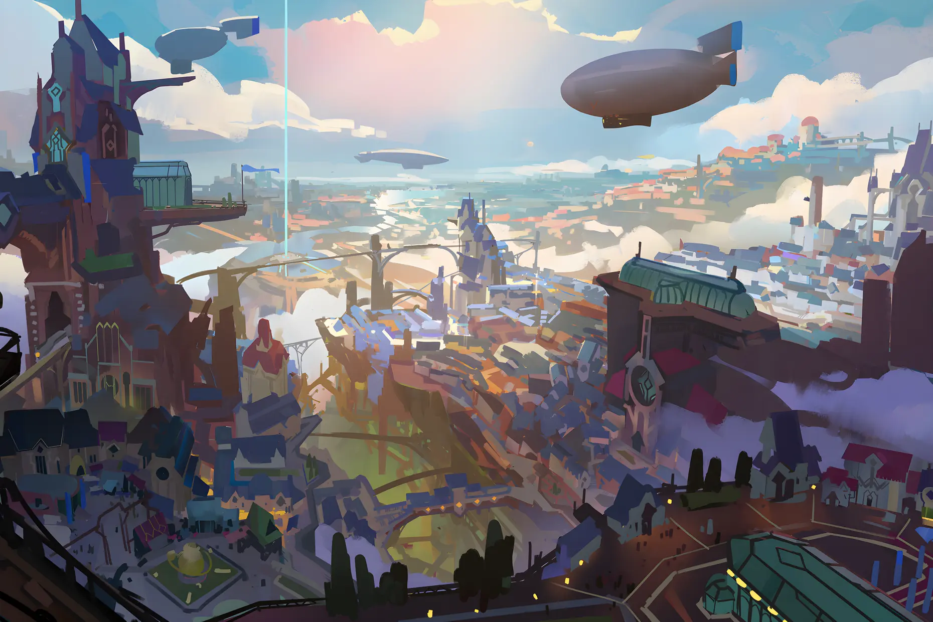 Piltover cityscape illustration with airships floating above dense brass and stone towers