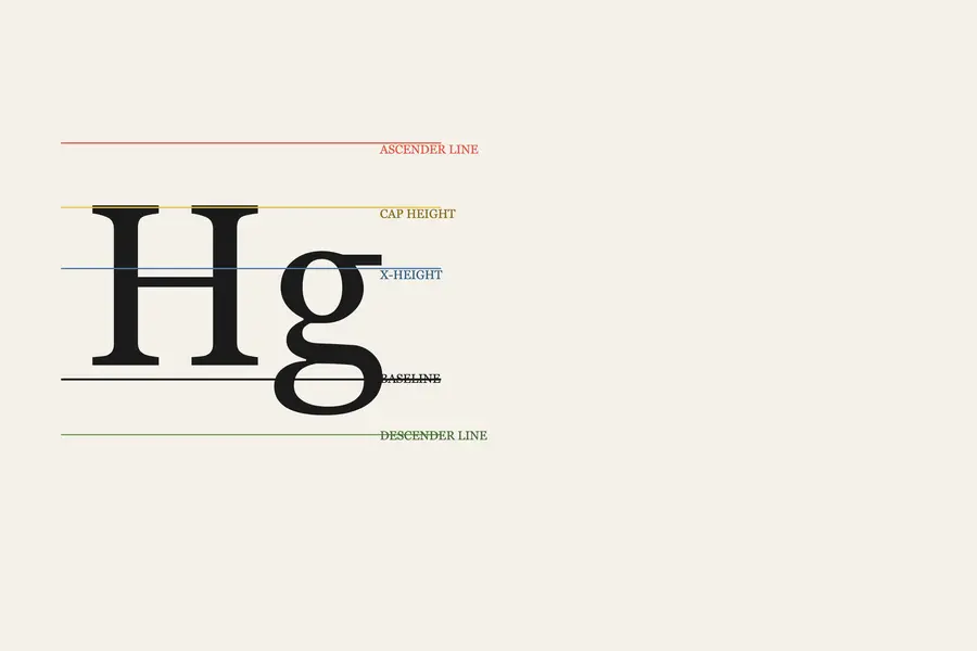Serif letters Hg with lines marking ascender, cap height, x-height, baseline and descender