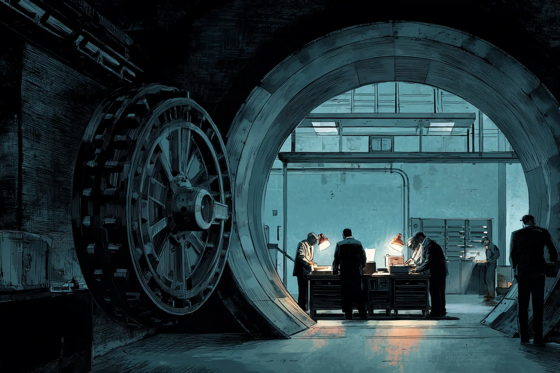 Designers and engineers working by lamplight inside an open bank vault, a guard standing at the door