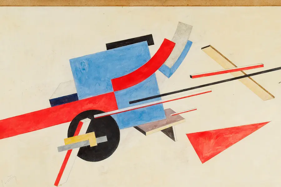 Watercolour design of colliding red bars, a blue square, a black circle and a red triangle thrusting along a diagonal