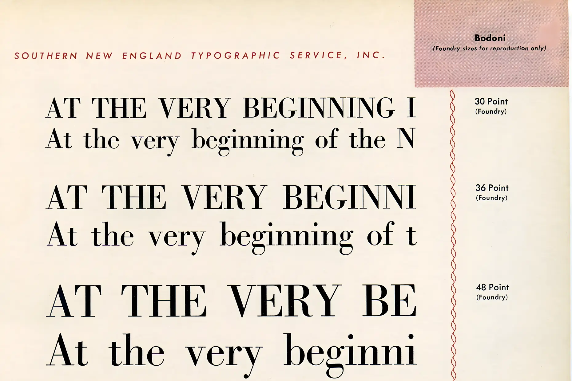 Bodoni type specimen sheet showing point sizes with high contrast hairline serifs