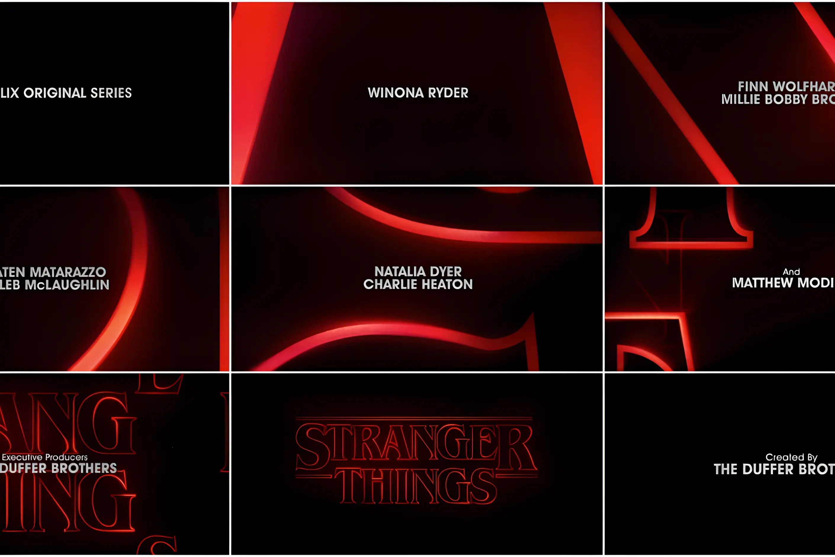 Stranger Things glowing red title lettering assembling in the Emmy-winning main title sequence