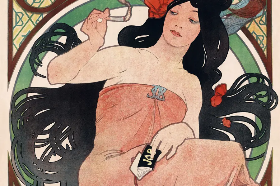 Mucha poster of a woman whose long black hair unfurls in whiplash curves around her, framed by a green arch and mosaic
