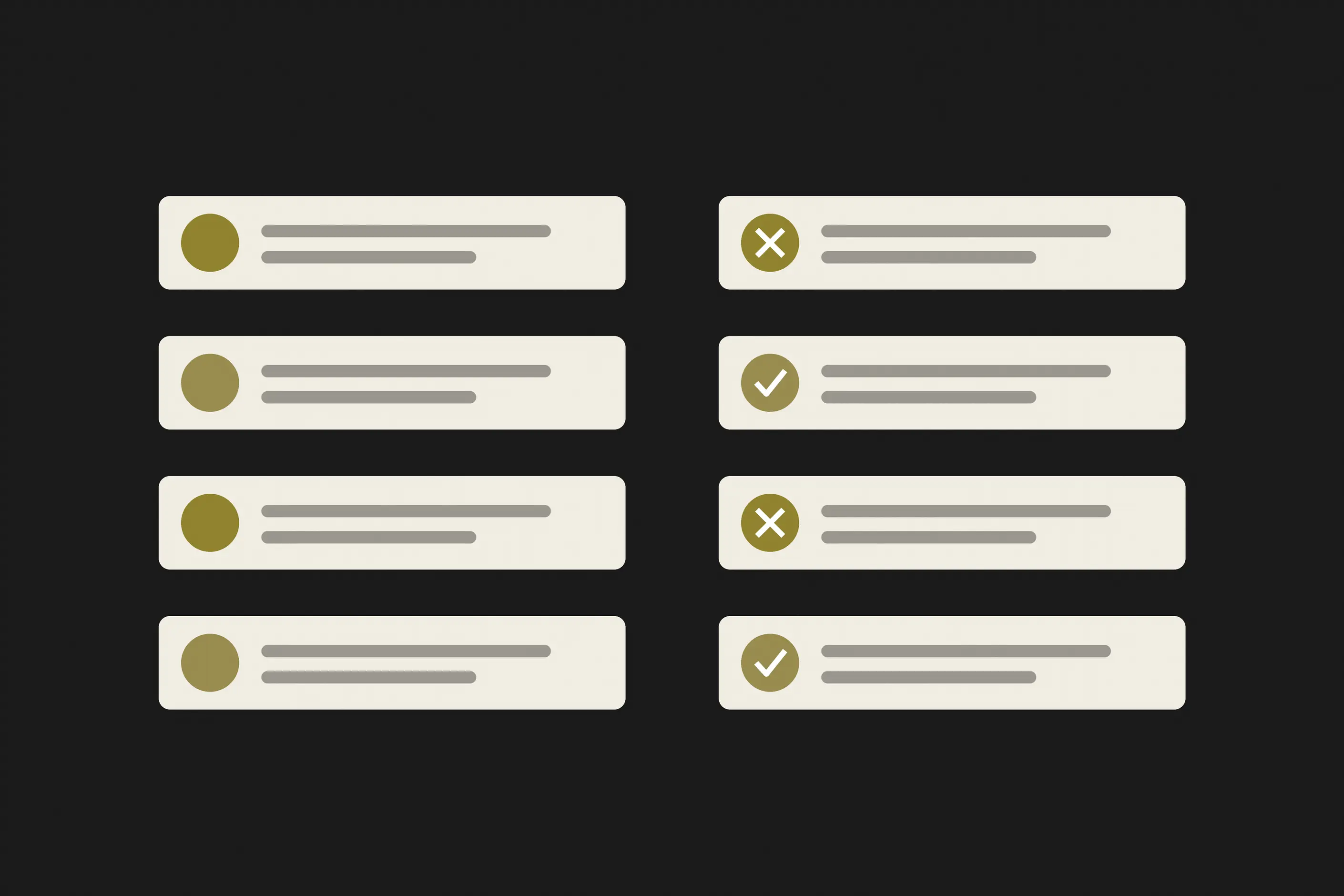 The same status rows under deuteranopia, colour only on the left, with cross and tick icons on the right