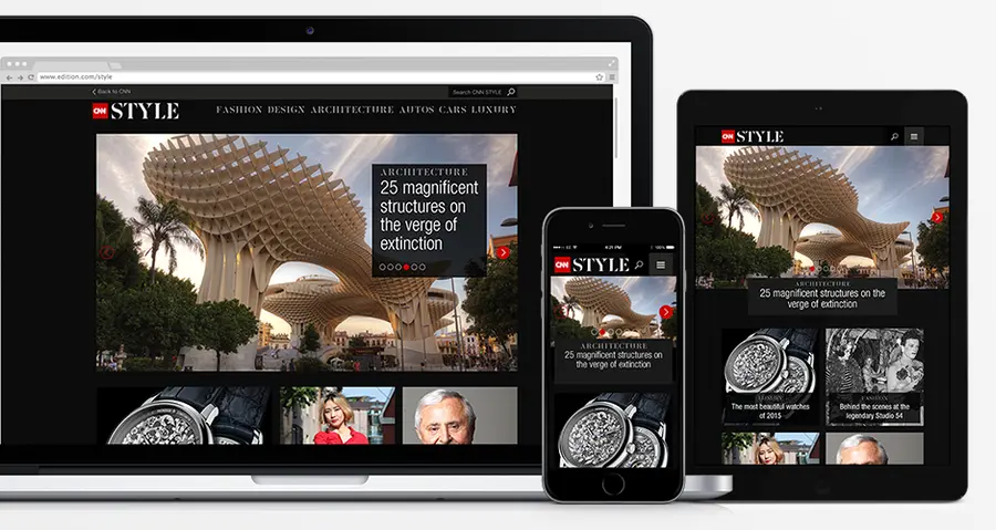 CNN Style on a laptop, tablet and phone: the Architecture lead, 25 magnificent structures on the verge of extinction, with watch and portrait stories below.