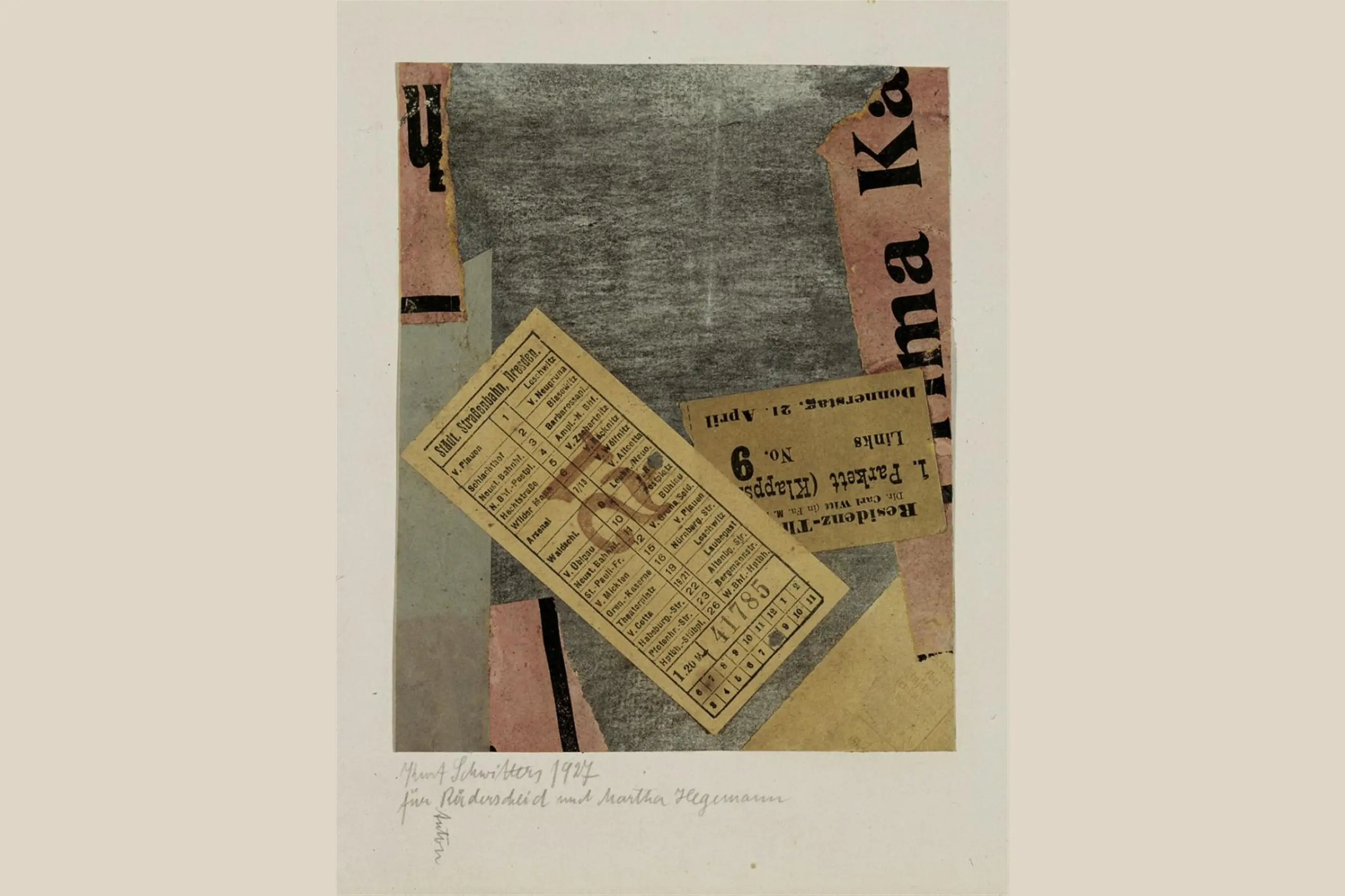 A found tram ticket and theatre bill pasted over painted grey card