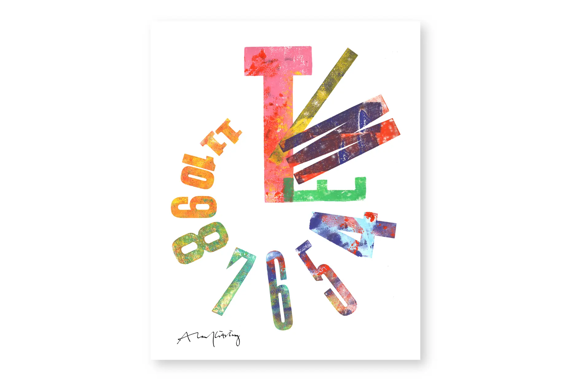 A PORT magazine cover by Alan Kitching, letterpress numerals in bright overlapping colours spiralling around a large T