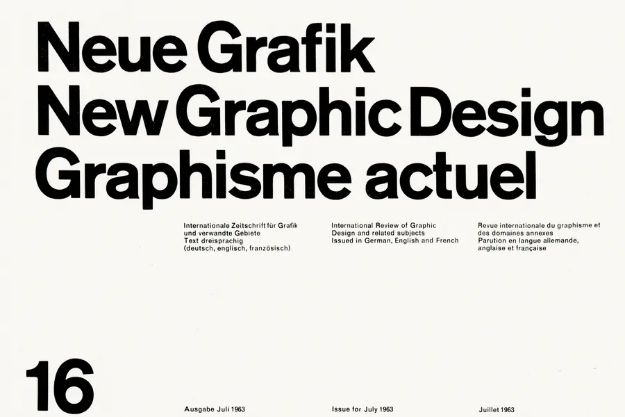 Masthead of Neue Grafik issue 16 in heavy grotesque type, with a three-language introduction set on strict columns below