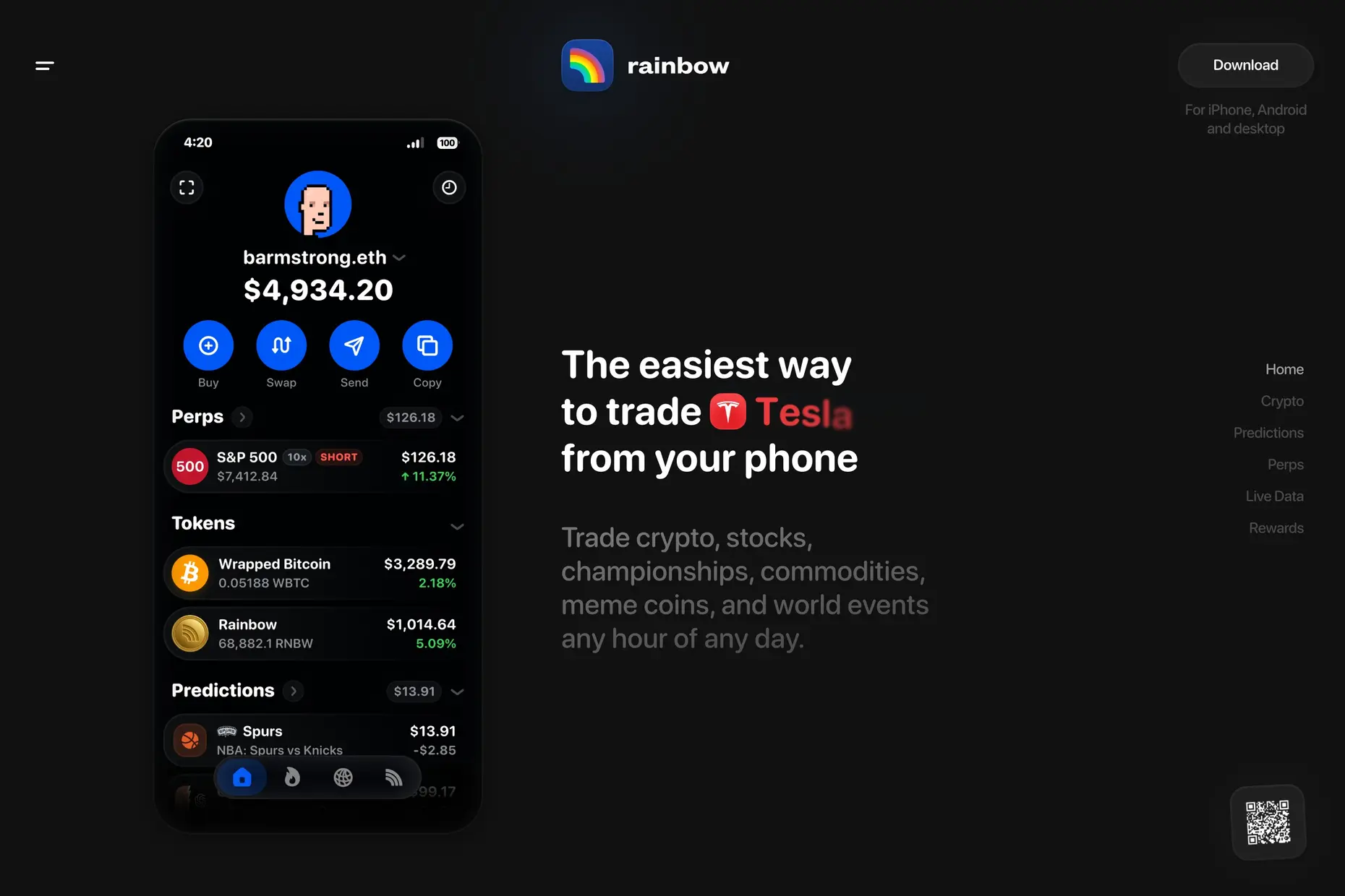 Rainbow crypto wallet homepage with dark background, phone mockup and bold display headline