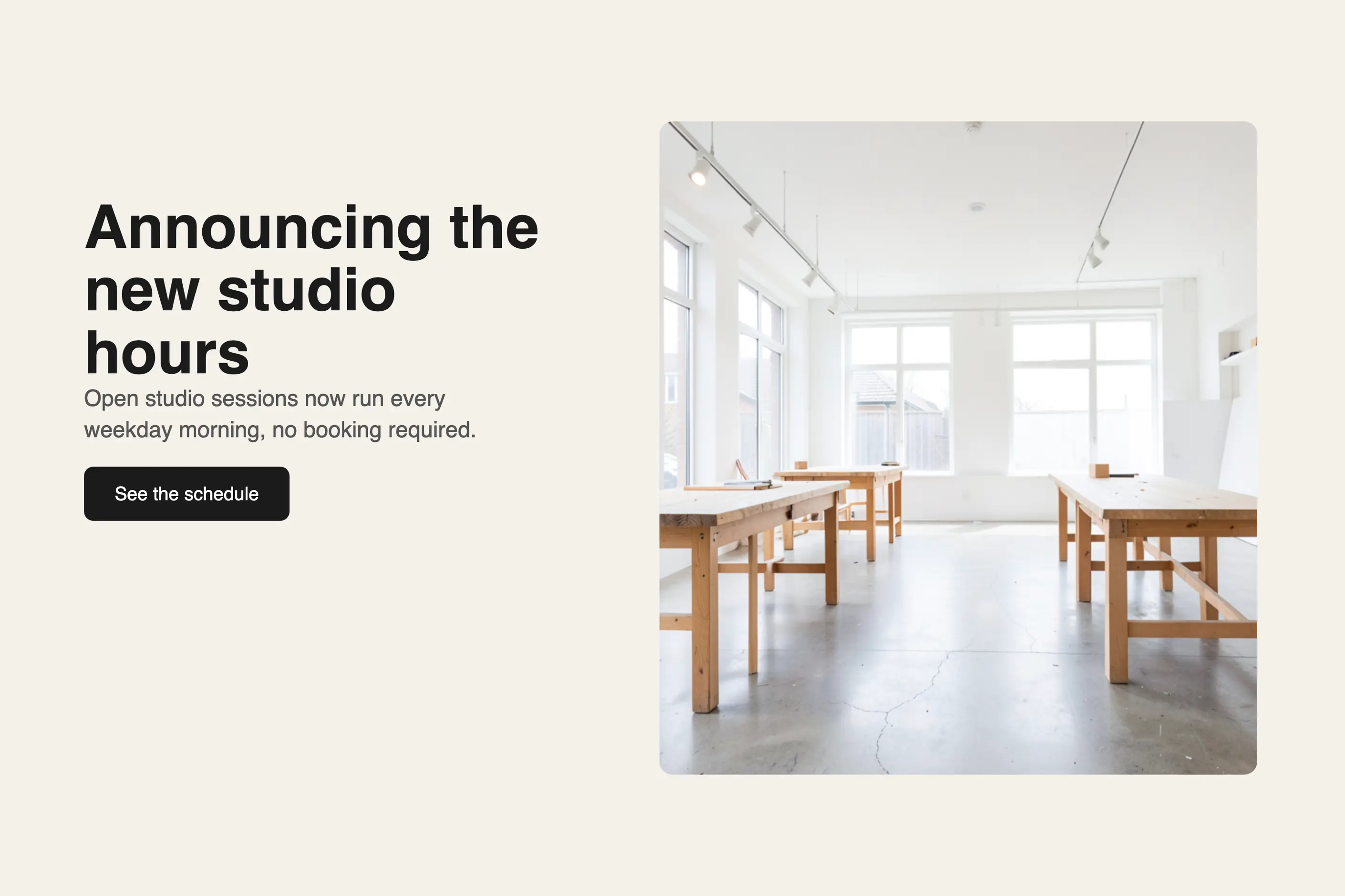 Announcement layout with a bold headline, supporting line, call to action and a studio photograph